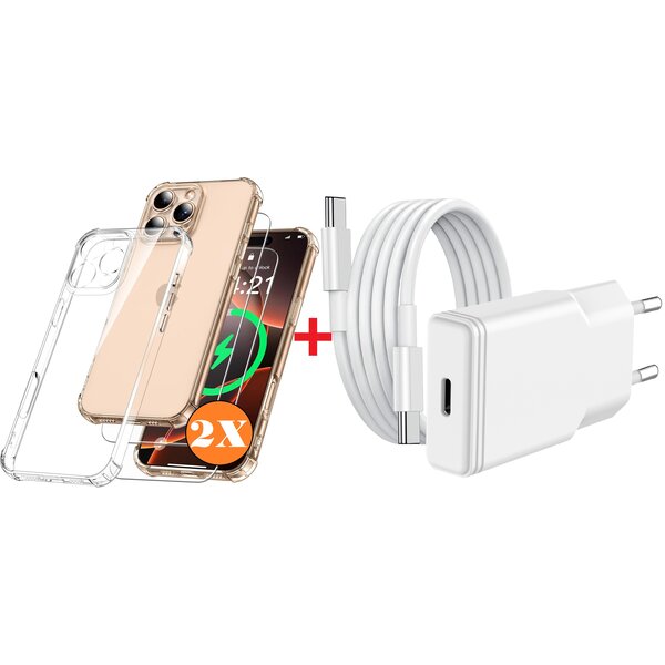 Ntech USB C Adapter iPhone 16 Pro oplader - USB C Snellader 20W Met 1m Kabel - iPhone 16 Pro Hoesje Geschikt iPhone 16 Pro hoesje transparant Anti Shock silicone met 2x screenprotector- Ntech COMBI-SET