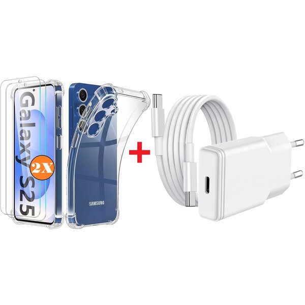 Ntech USB C Adapter Samsung S25 / S24 oplader - USB C Snellader 20W Met 1m Kabel - Galaxy S25 / S24 Hoesje Geschikt Galaxy S25 / S24 hoesje transparant Anti Shock silicone met 2x screenprotector- Ntech COMBI-SET