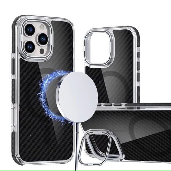 Ntech Magsafe Hoesje Geschikt voor iPhone 15 Plus hoesje Zwart Heavy Duty Carbon Case met Versterkte Zijkanten, MagSafe en Camera Kickstand