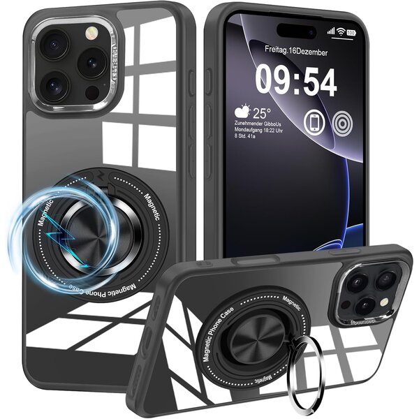 Ntech Magsafe Hoesje Geschikt voor iPhone 16 Pro Max hoesje Zwart Transparant - Met kickstand Draaibare Ring Houder