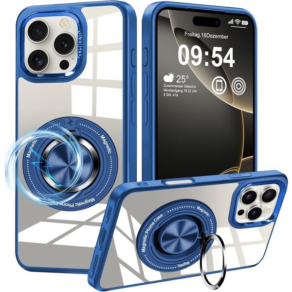 Ntech Magsafe Hoesje Geschikt voor iPhone 16 Pro Max hoesje Blauw Transparant - Met kickstand Draaibare Ring Houder