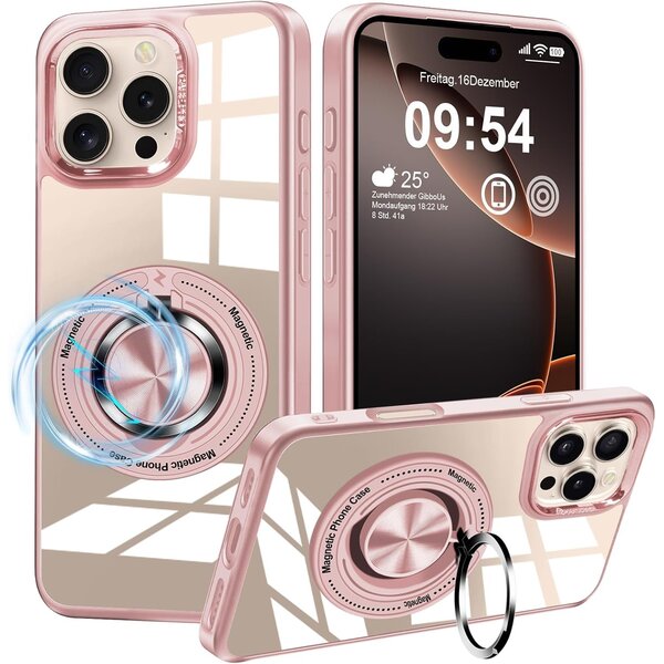 Ntech Magsafe Hoesje Geschikt voor iPhone 16 Pro Max hoesje Rose Goud Transparant - Met kickstand Draaibare Ring Houder