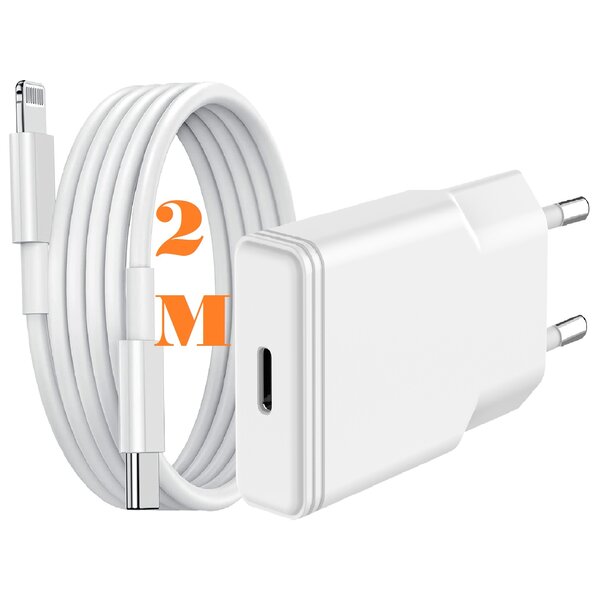 Ntech USB C Adapter / iPhone Oplader - iPhone Lader 20W Met 2M lightning naar usb C kabel Geschikt voor iPhone 14/ 14 Pro/ 14 Max/ 13/ 13 Pro/ 13 Pro Max/ 12/ 11/ Xr/ Xs Max/ 8/ 8 Plus/ Pro - Oplader / Snellader geschikt voor Apple iPhone