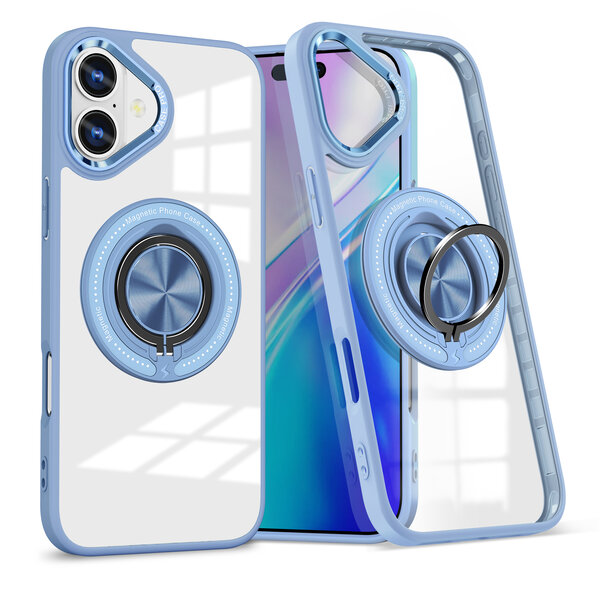 Ntech Magsafe Hoesje Geschikt voor iPhone 16 hoesje Blauw Transparant - Met kickstand Draaibare Ring Houder