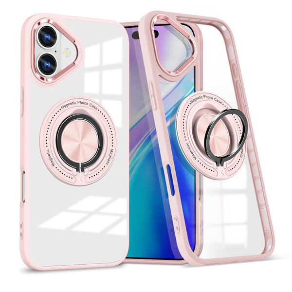 Ntech Magsafe Hoesje Geschikt voor iPhone 16 hoesje Rose Goud Transparant - Met kickstand Draaibare Ring Houder