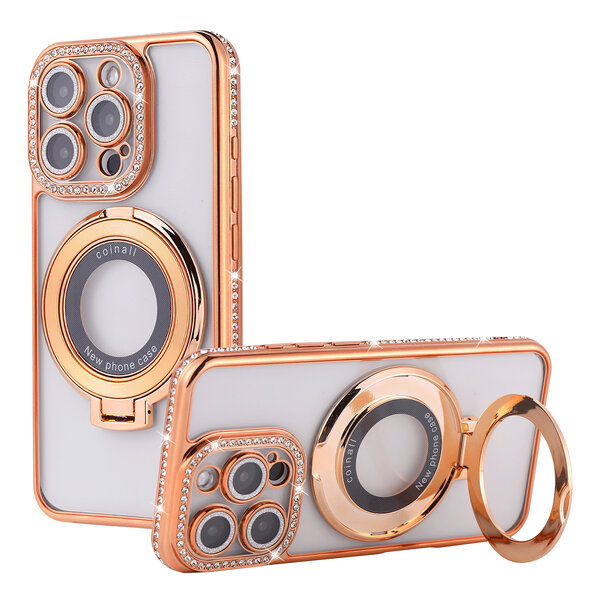 Ntech Hoesje Geschikt voor iPhone 15 Pro Max Magsafe hoesje Goud - Lens beschermer ring Luxury Bling Sparkly Diamond  backcover