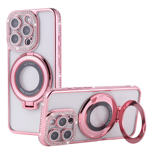 Ntech Hoesje Geschikt voor iPhone 15 Pro Max Magsafe hoesje Rose Goud - Lens beschermer ring Luxury Bling Sparkly Diamond  backcover