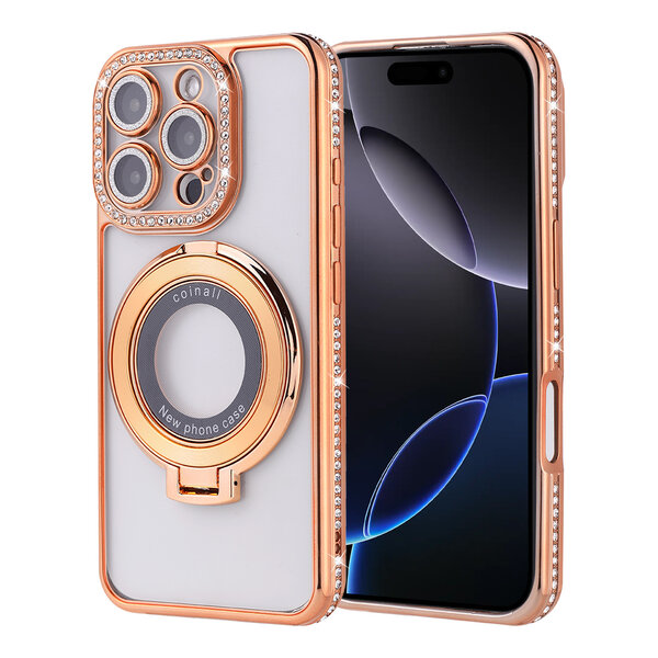 Ntech Hoesje Geschikt voor iPhone 16 Pro Max Magsafe hoesje Goud - Lens beschermer ring Luxury Bling Sparkly Diamond  backcover