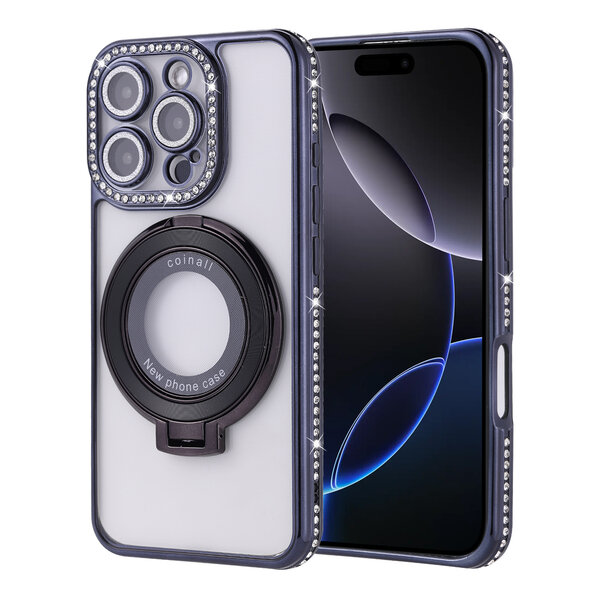 Ntech Hoesje Geschikt voor iPhone 16 Pro Max Magsafe hoesje Zwart - Lens beschermer ring Luxury Bling Sparkly Diamond  backcover