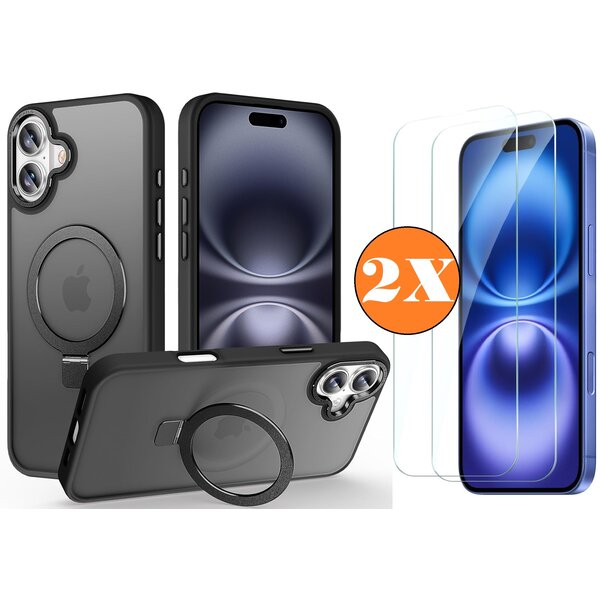 Ntech Hoesje Geschikt voor iPhone 16 MagSafe Hoesje met Ring Stand Zwart - Hoesje MagSafe iPhone 16 Screenprotector Gehard Glas 2X
