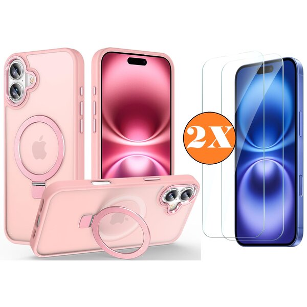 Ntech Hoesje Geschikt voor iPhone 16 MagSafe Hoesje met Ring Stand Rose Goud - Hoesje MagSafe iPhone 16 Screenprotector Gehard Glas 2X