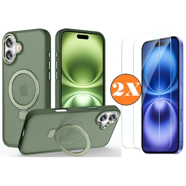 Ntech Hoesje Geschikt voor iPhone 16 MagSafe Hoesje met Ring Stand Groen - Hoesje MagSafe iPhone 16 Screenprotector Gehard Glas 2X