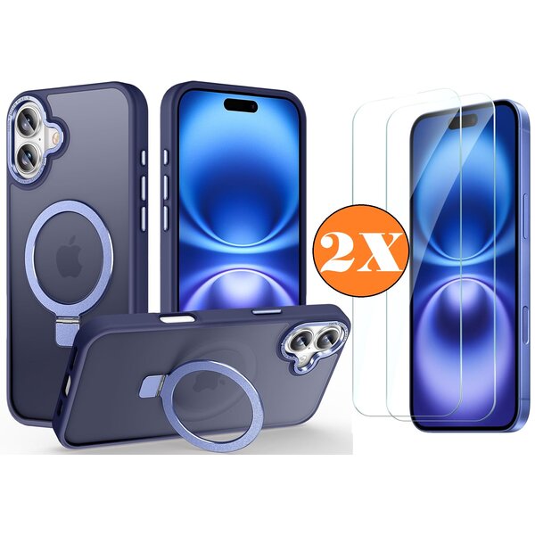 Ntech Hoesje Geschikt voor iPhone 16 MagSafe Hoesje met Ring Stand Blauw - Hoesje MagSafe iPhone 16 Screenprotector Gehard Glas 2X