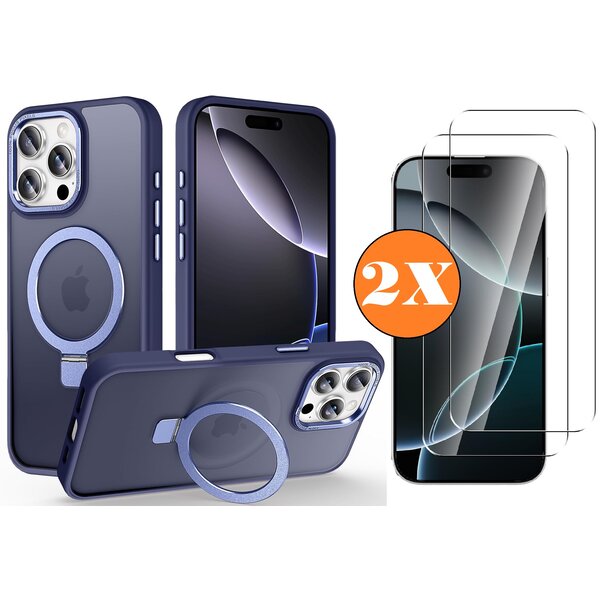 Ntech Hoesje Geschikt voor iPhone 16 Pro MagSafe Hoesje met Ring Stand Blauw - Hoesje MagSafe iPhone 16 Pro Screenprotector Gehard Glas 2X