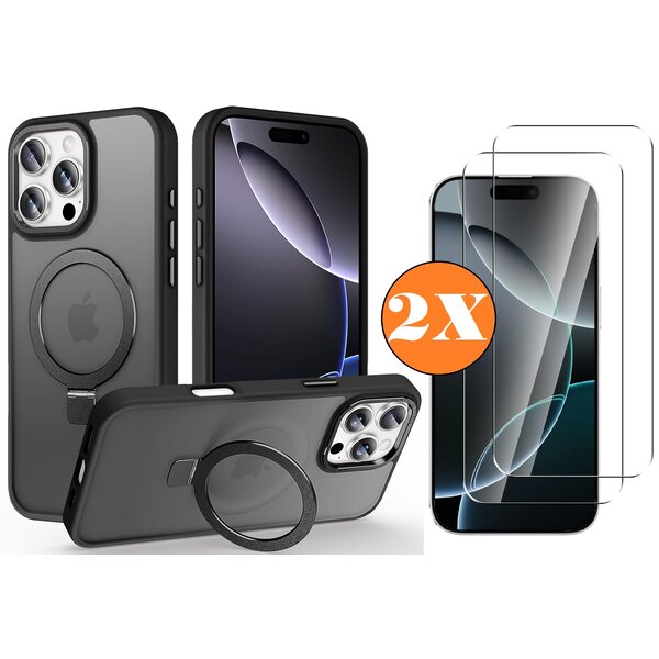 Ntech Hoesje Geschikt voor iPhone 16 Pro Max MagSafe Hoesje met Ring Stand Zwart - Hoesje MagSafe iPhone 16 Pro Max Screenprotector Gehard Glas 2X