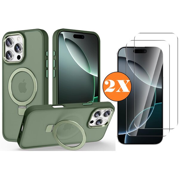 Ntech Hoesje Geschikt voor iPhone 16 Pro Max MagSafe Hoesje met Ring Stand Groen - Hoesje MagSafe iPhone 16 Pro Max Screenprotector Gehard Glas 2X
