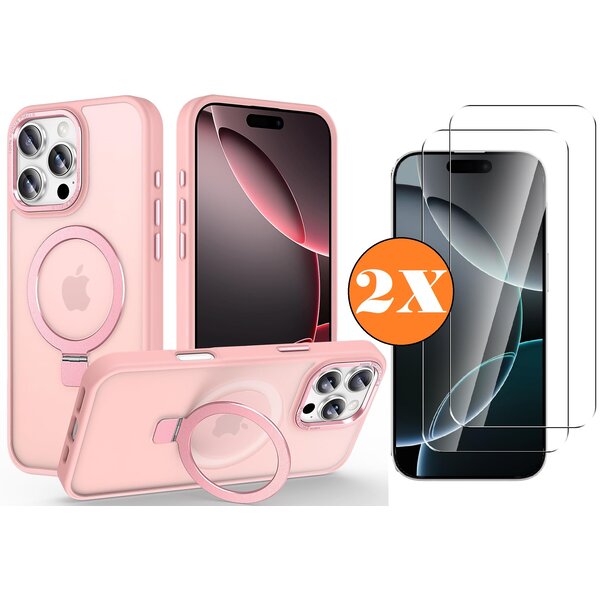Ntech Hoesje Geschikt voor iPhone 16 Pro Max MagSafe Hoesje met Ring Stand Rose Goud - Hoesje MagSafe iPhone 16 Pro Max Screenprotector Gehard Glas 2X