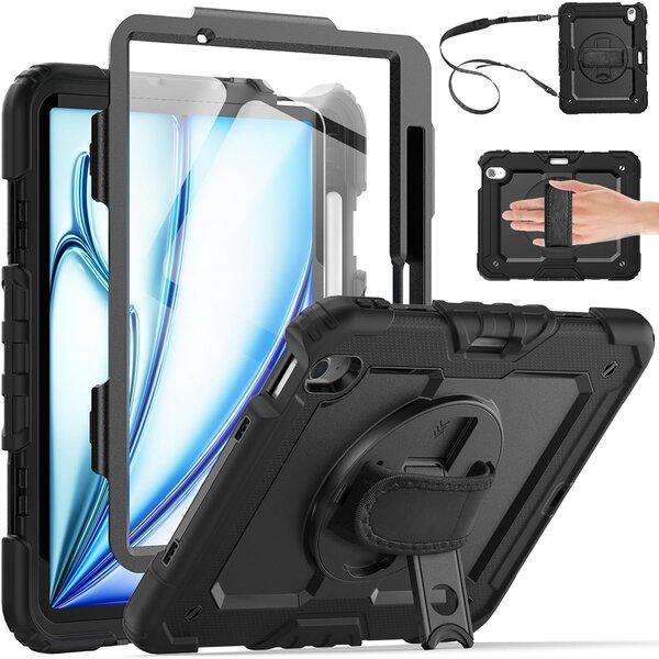 Ntech Hoes met ingebouwde Screenprotector Geschikt voor iPad Air 11 Inch Case 7th Generation M3 2025 hoes en iPad Air 7th/6th/5th/4th Gen (11/10.9 Inch, 2025/2024) Extreme Armor met Schouderiem, Handriem en Pencilhouder hoes - voor Horeca en Bouw - Zwart