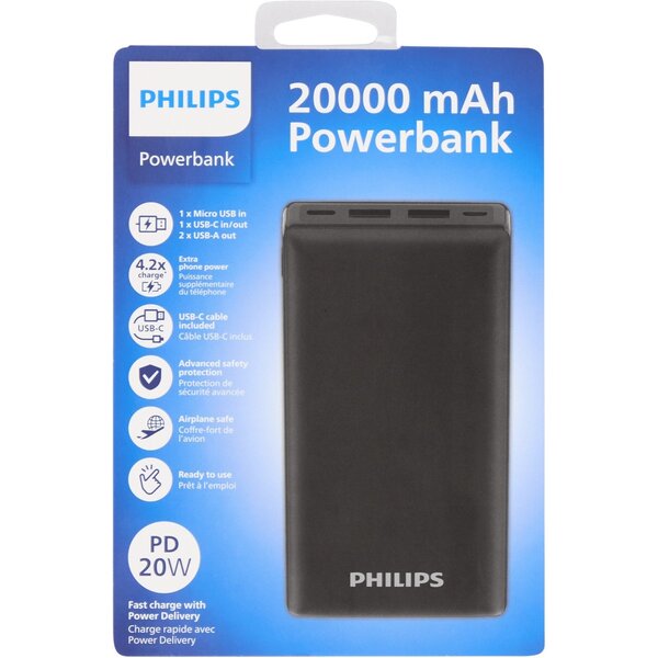 Philips  Philips Powerbank - 20000 mAh - 20 watt - 4 Poorten - Snellaadfunctie - Zwart