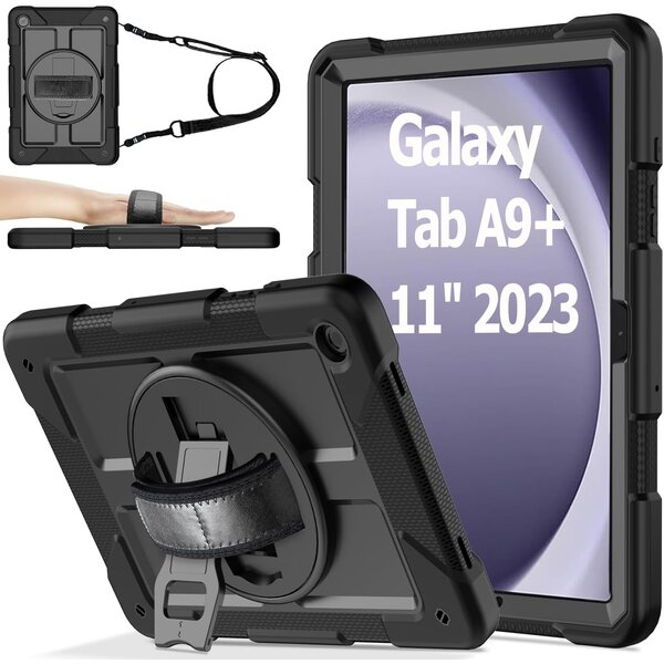 Ntech Hoes met ingebouwde Screenprotector Geschikt voor Samsung Galaxy A9 Plus hoes Extreme Armor met screenprotector, Schouderiem, Handriem en Pencilhouder hoes - voor Horeca en Bouw - Zwart
