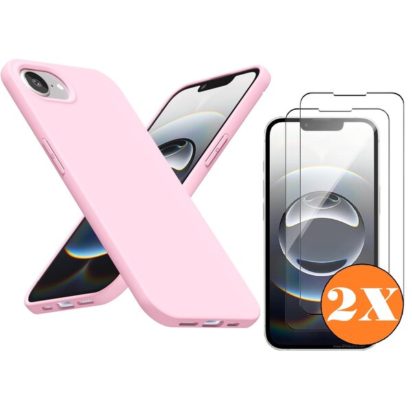 Ntech Hoesje geschikt voor iPhone 16e / iPhone 17e Hoesje siliconen Licht Roze zacht siliconen hoesje TPU - met Screenprotector iPhone 16e / iPhone 17e Gehard Glas - 2 stuks