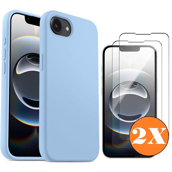 Ntech Hoesje geschikt voor iPhone 16e Hoesje siliconen Licht Blauw zacht siliconen hoesje TPU - met Screenprotector iPhone 16e Gehard Glas - 2 stuks
