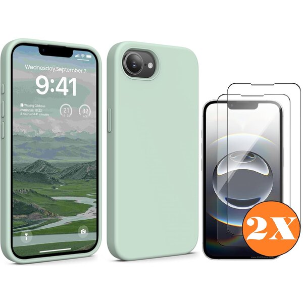 Ntech Hoesje geschikt voor iPhone 16e / iPhone 17e Hoesje siliconen Mint Groen zacht siliconen hoesje TPU - met Screenprotector iPhone 16e / iPhone 17e Gehard Glas - 2 stuks