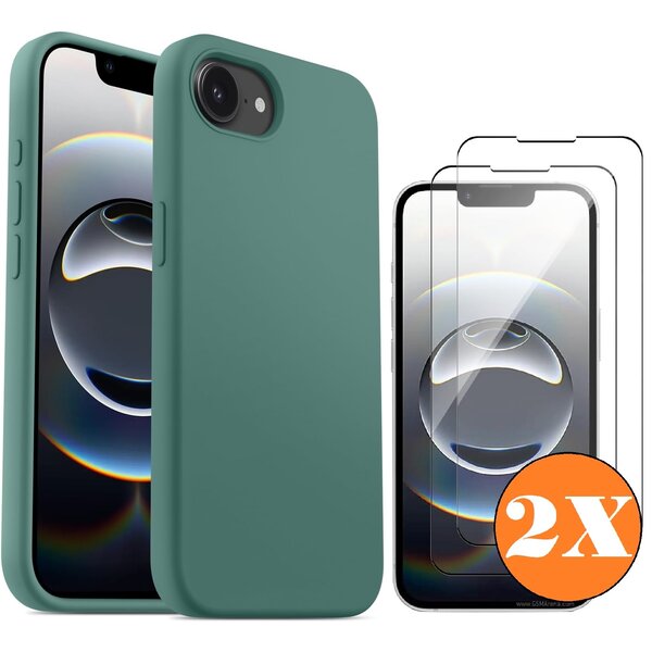Ntech Hoesje geschikt voor iPhone 16e Hoesje siliconen Pine Groen zacht siliconen hoesje TPU - met Screenprotector iPhone 16e Gehard Glas - 2 stuks
