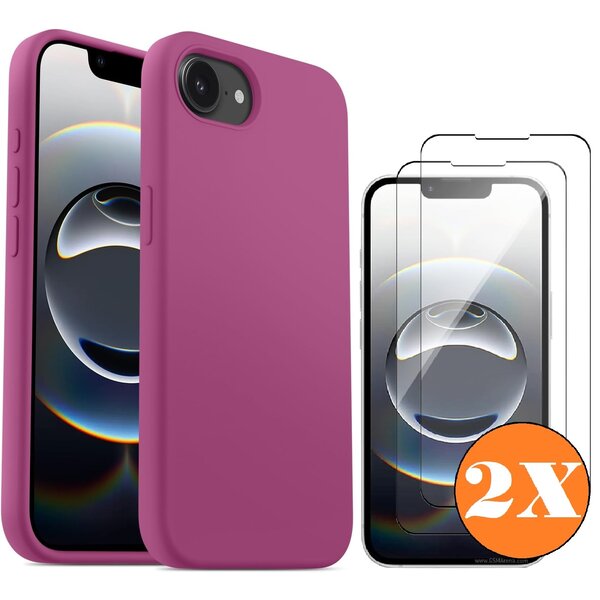 Ntech Hoesje geschikt voor iPhone 16e / iPhone 17e Hoesje siliconen Lila zacht siliconen hoesje TPU - met Screenprotector iPhone 16e / iPhone 17e Gehard Glas - 2 stuks