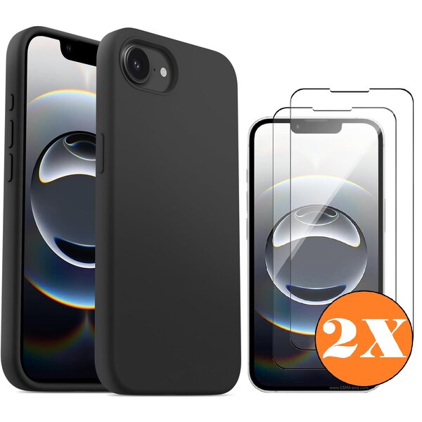 Ntech Hoesje geschikt voor iPhone 16e / iPhone 17e Hoesje siliconen Zwart zacht siliconen hoesje TPU - met Screenprotector iPhone 16e / iPhone 17e Gehard Glas - 2 stuks