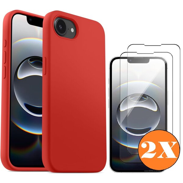 Ntech Hoesje geschikt voor iPhone 16e Hoesje siliconen Rood zacht siliconen hoesje TPU - met Screenprotector iPhone 16e Gehard Glas - 2 stuks