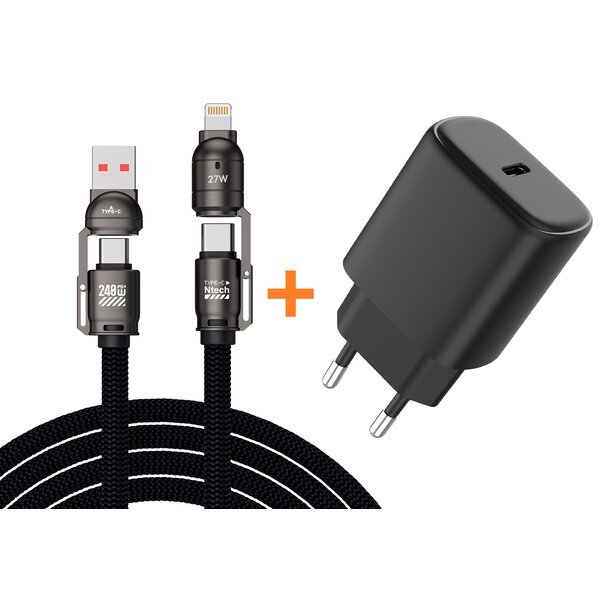 Ntech USB C Adapter - Snellader 25w- USB C Oplader - Adapter USB C Met 240W (1.5m) 4 in 1 kabel Geschikt voor Samsung  A17 / A56 / A36 / A26 / S25 Ultra / A16 / A35 / A54 / A55 / S21 / S22 / S23 / S24 / S24 Ultra / iPhone 14/14 Pro/14 Max/13/13 Pro Max