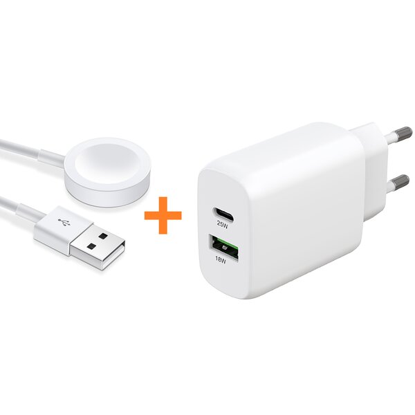 Ntech  Oplaadkabel Draadloze Lader Met 25W USB A en USB C Adapter Geschikt voor Apple Watch Oplader  Series 9 t/m 4 SE Ultra- Snel Lader iWatch Series Ultra 2/Ultra/10/9/8/7/3 / 1 / 2 / 3 / 4 / 5 / 6 / 7 / 8 / 9 / SE / (1 meter)