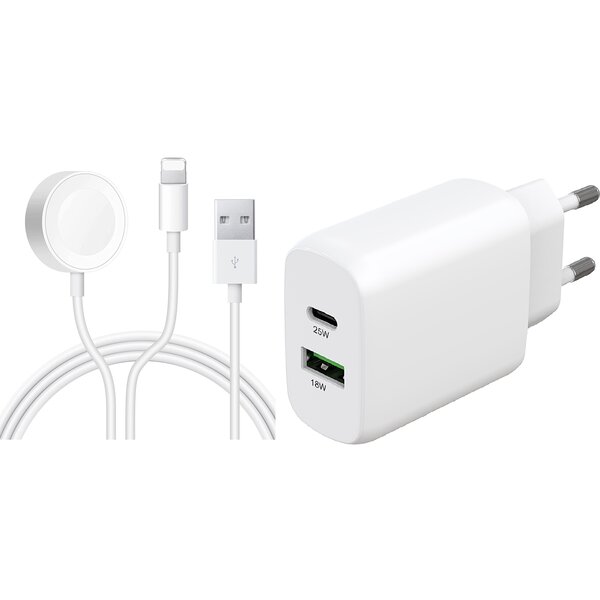 Ntech Watch Oplader - Draadloos Opladekabel Magnetic 2 in 1 iWatch oplaadkabel met 25w USB A en USB C Adapter Compatibel with Geschikt voor iWatch Series Ultra 2/Ultra/Series 9/8/7/SE/6/5/4/3/2/1 & Geschikt voor iPhone Kabel 14/14 Pro Max / 13/ 13 Pro Max