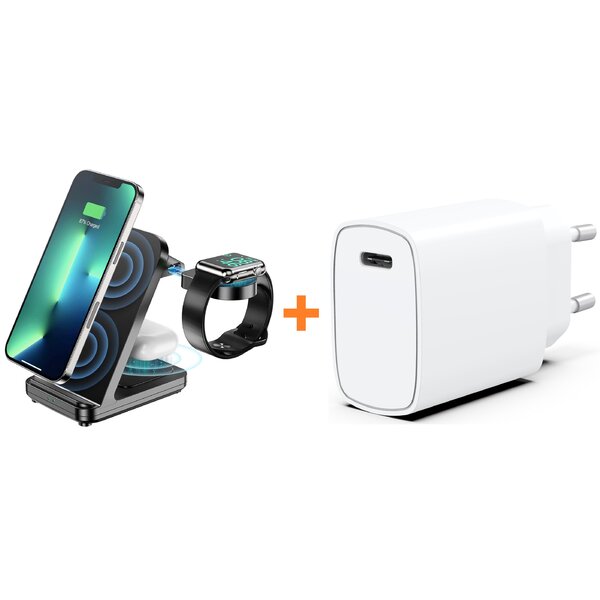 Ntech Draadloze Oplader 15w 3 in 1 met USB C Adapter / iPhone Oplader 20w - Oplaadstation Opvouwbaar - Draadloze snellader Geschikt voor iPhone 16/ 16 Pro / 15 / 15 Pro /13/ 14 pro max - Qi Lader - Geschikt voor iPhone,iWatch & AirPods - Zwart