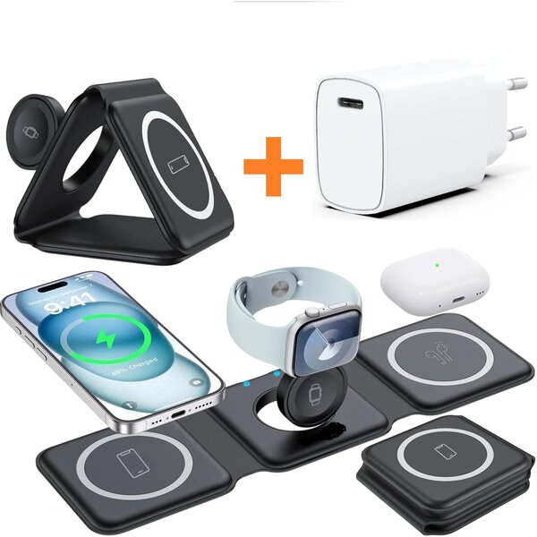 oTronica 3 in 1 Draadloze Oplader Pro met USB C Adapter 20w - Magnetisch & Inklapbaar Oplaadstation geschikt voor Apple iWatch