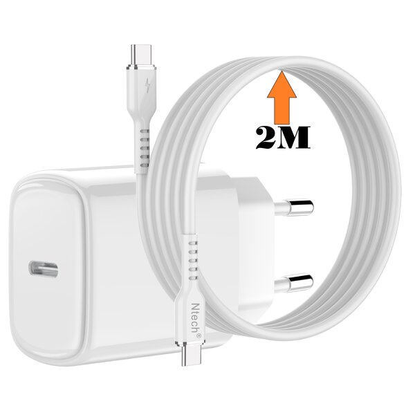 Ntech  USB C Adapter - USB C Oplader Samsung 20W met (2m) USB C kabel Geschikt voor Samsung A17 / A56 / A36 / A26 / S25 Ultra / A16 / S25 FE / A35 / A55 / Tab A11 Plus / iPhone 17 / 17 Pro Max / 15 / 15 Pro / 16 / 16 Pro Max - Snellader USB C Lader