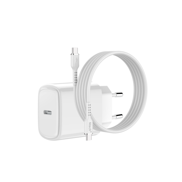 Ntech  USB C Adapter - Oplader - 20W met (1m) USB C naar USB C kabel - Wit