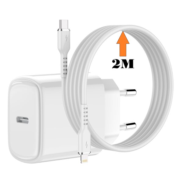 Ntech USB C Adapter / 20W iPhone Oplader met 2M USB C naar Lightning Kabel Geschikt voor iPhone 14 / SE / 14 Pro/ 14 Max/ 13/ 13 Pro/ 13 Pro Max/ 12/ 11/ Xr/ Xs Max/ 8/ 8 Plus/ Pro - Oplader / Snellader geschikt voor Apple iPhone