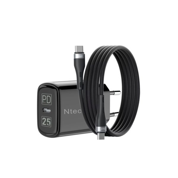 Ntech USB C Adapter 25W - usb c oplader - met (1m) USB C kabel Nylon Geschikt voor Samsung Tab A11 Plus / Tab A11 / A17 / A56 / Flip 7 / A36 / A26 / S25 Ultra / S25 / A16 / A36 / A35 / A55 / iPhone 17 / 17 Pro Max / 15 Pro / 16 / 16 Pro Max / S23 / S24 FE