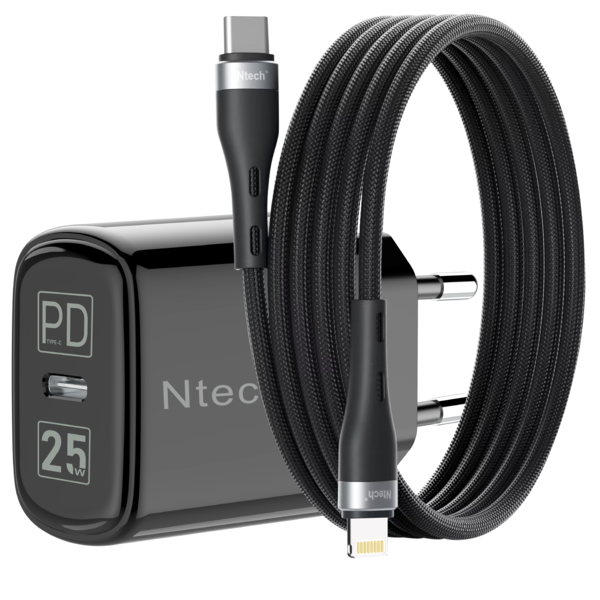 Ntech 25W USB C Adapter / iPhone Oplader met 1m USB C naar Lightning Nylon Kabel Geschikt voor iPhone 14 / SE / 14 Pro / 14 Plus / 14 Pro Max / 13/ 13 Pro / 13 Pro Max / 12/ 11/ Xr/ Xs Max / 8 / 8 Plus / Pro - Oplader / Snellader geschikt voor Apple iPhone