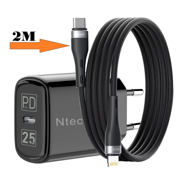 Ntech 25W USB C Adapter / iPhone Oplader met 2m USB C naar Lightning Nylon Kabel Geschikt voor iPhone 14 / SE / 14 Pro / 14 Plus / 14 Pro Max / 13/13 Pro / 13 Pro Max / 12/ 11/ Xr/ Xs Max / 8 / 8 Plus / Pro - Oplader / Snellader geschikt voor Apple iPhone