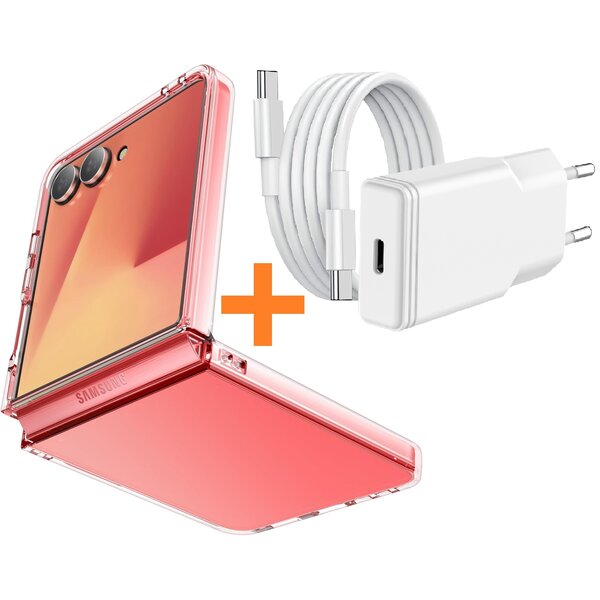 Ntech USB C Adapter - oplader - 20W USB C Snellader met 1m Kabel - Hoesje Geschikt voor Samsung Galaxy Flip 7 Hoesje transparant Anti Shock silicone - Ntech COMBI-SET
