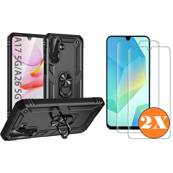 Ntech Hoesje Geschikt voor Samsung Galaxy A17 5G / A26 5G Hoesje Zwart Anti-Shock Hybrid Armor hoesje Met Draaibare Ring Houder - Samsung A17 Screenprotector 2 pack