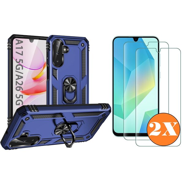 Ntech Hoesje Geschikt voor Samsung Galaxy A17 5G / A26 5G Hoesje Blauw Anti-Shock Hybrid Armor hoesje Met Draaibare Ring Houder - Samsung A17 Screenprotector 2 pack
