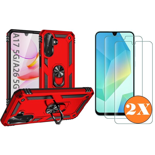 Ntech Hoesje Geschikt voor Samsung Galaxy A17 5G / A26 5G Hoesje Rood Anti-Shock Hybrid Armor hoesje Met Draaibare Ring Houder - Samsung A17 Screenprotector 2 pack