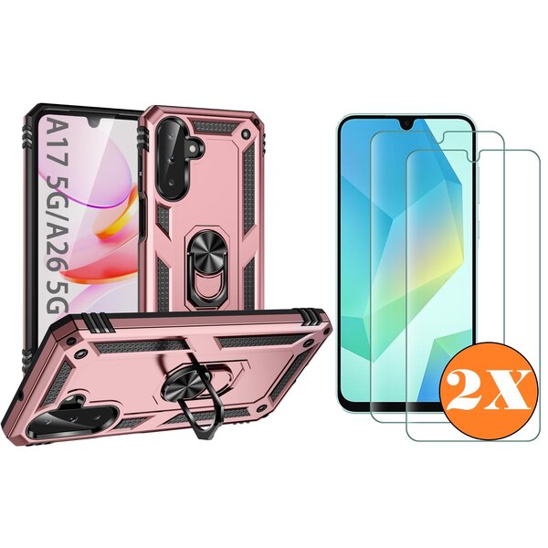 Ntech Hoesje Geschikt voor Samsung Galaxy A17 5G / A26 5G Hoesje Rose Goud Anti-Shock Hybrid Armor hoesje Met Draaibare Ring Houder - Samsung A17 Screenprotector 2 pack