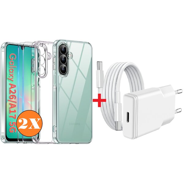Ntech USB C Adapter oplader - USB C Snellader 20W Met 1m Kabel - Hoesje Geschikt voor Samsung Galaxy A17 5G transparant Anti Shock silicone met 2x screenprotector- Ntech COMBI-SET