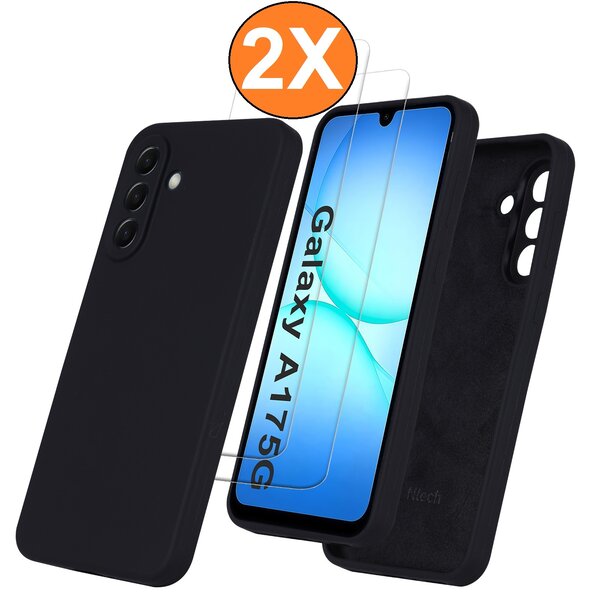 Ntech Hoesje geschikt voor Samsung Galaxy A17 5G Hoesje siliconen Zwart zacht siliconen hoesje TPU - met Samsung A17 5G Screenprotector - 2 stuks