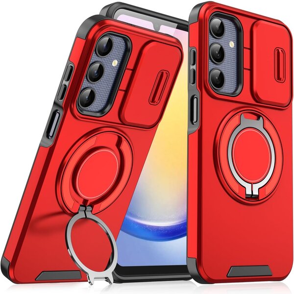 Ntech Hoesje Geschikt voor Samsung Galaxy A17 5G / A26 hoesje Rood backcover met Met Draaibare Ring Houder en camera bescherming